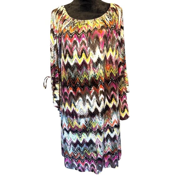Boho-Chic 2XL Multicolor Chevron Print Midi Dress Bell Sleeves Hippie Fairy Core - Picture 1 of 7